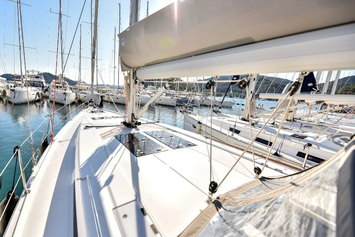 Deck of Gobun, a Hanse Yachts Hanse 458 sailboat at Fethiye, Turkey