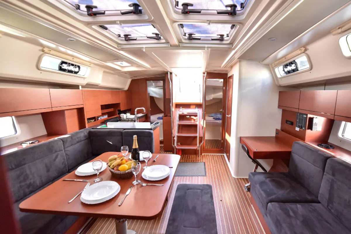 Salon of Gobun, a Hanse Yachts Hanse 458 sailboat at Fethiye, Turkey
