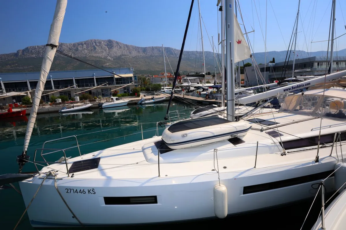 Exterior view of Nygma Prime, a Jeanneau Sun Odyssey 490 sailboat at Grad Kaštela, Croatia