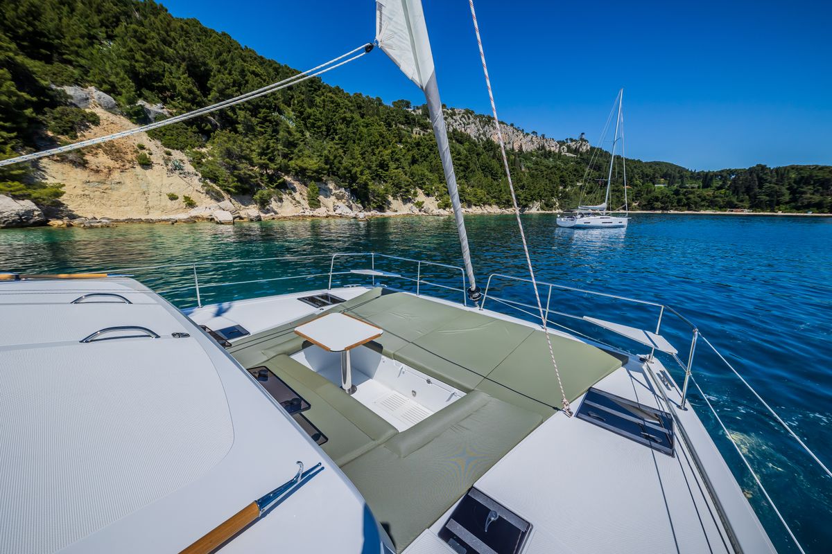 Deck of Le Petite Prince, a Bali Catsmart OW catamaran at Grad Kaštela, Croatia