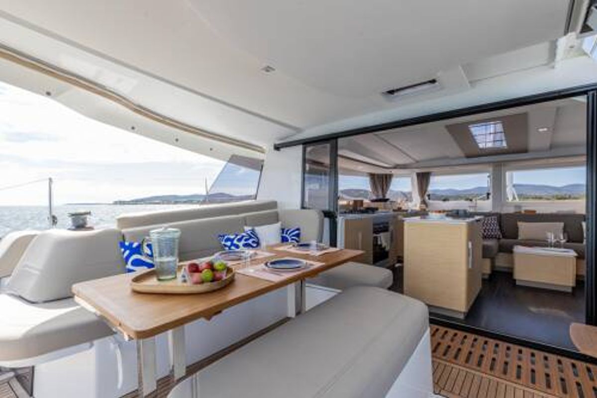 Deck of FP 44, a Fountaine Pajot New 44 catamaran at es Jonquet, Spain