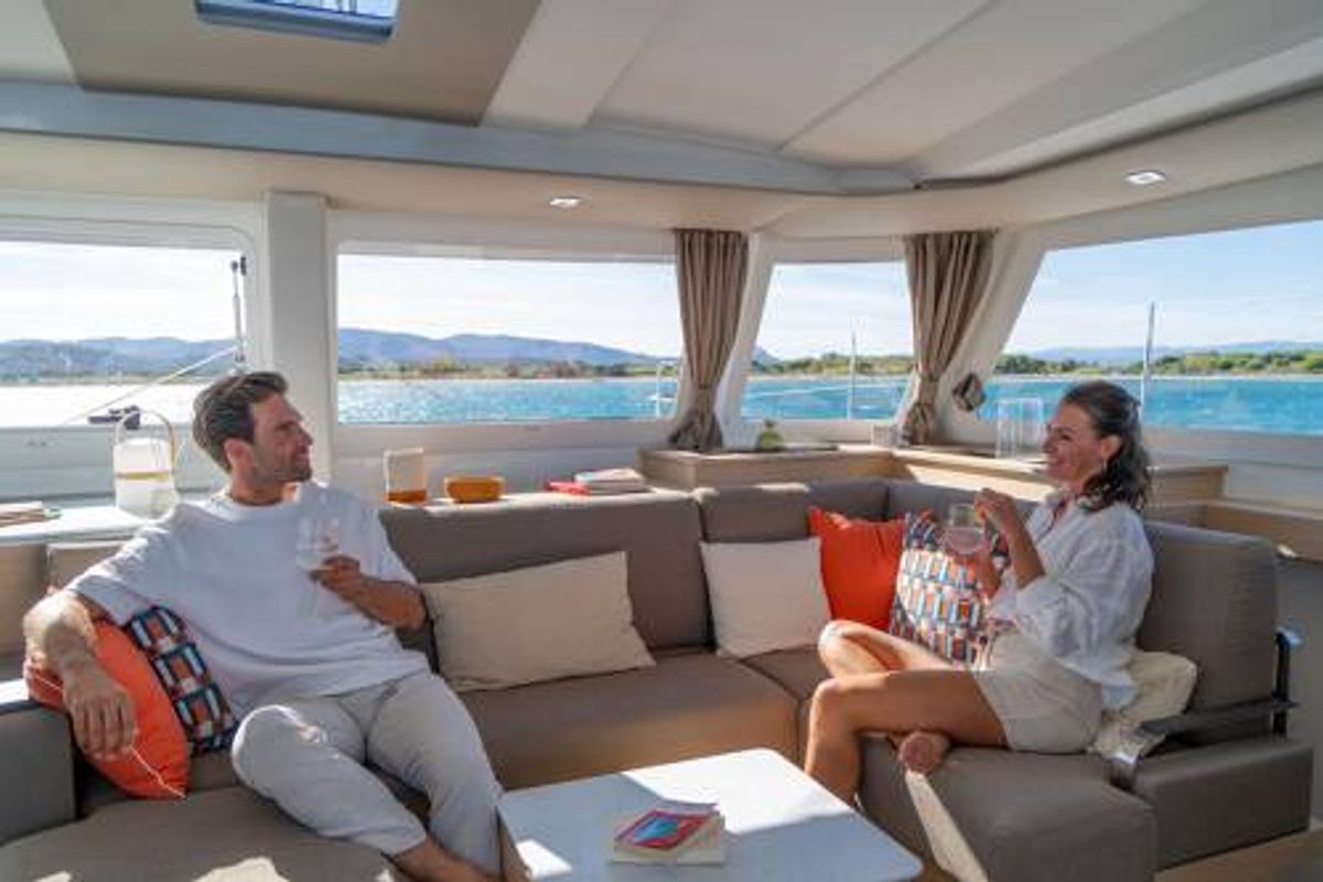 Salon of FP 44, a Fountaine Pajot New 44 catamaran at es Jonquet, Spain