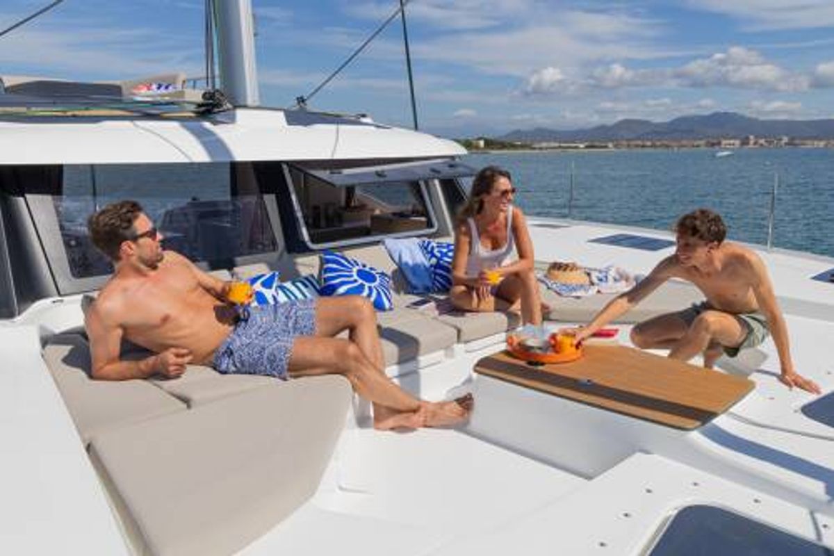 Deck of FP 44, a Fountaine Pajot New 44 catamaran at es Jonquet, Spain