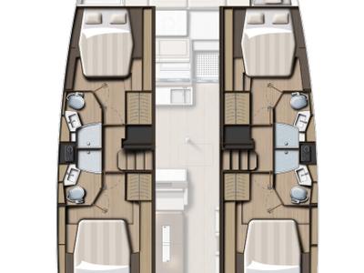 Floor plan of My Ares, a Bali 4.4 catamaran at Fethiye, Turkey