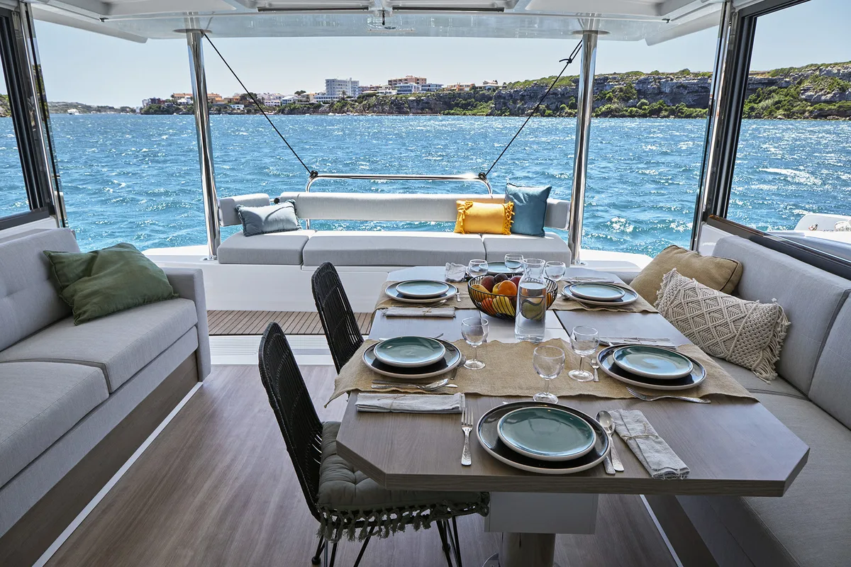 Salon of My Ares, a Bali 4.4 catamaran at Fethiye, Turkey