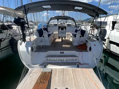 Cockpit of Sailuxe - Gloria, a Bavaria Cruiser 46 sailboat at Grad Kaštela, Croatia