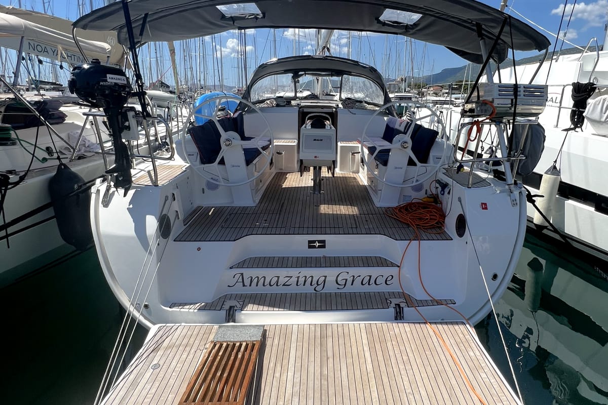 Cockpit of Sailuxe - Gloria, a Bavaria Cruiser 46 sailboat at Grad Kaštela, Croatia