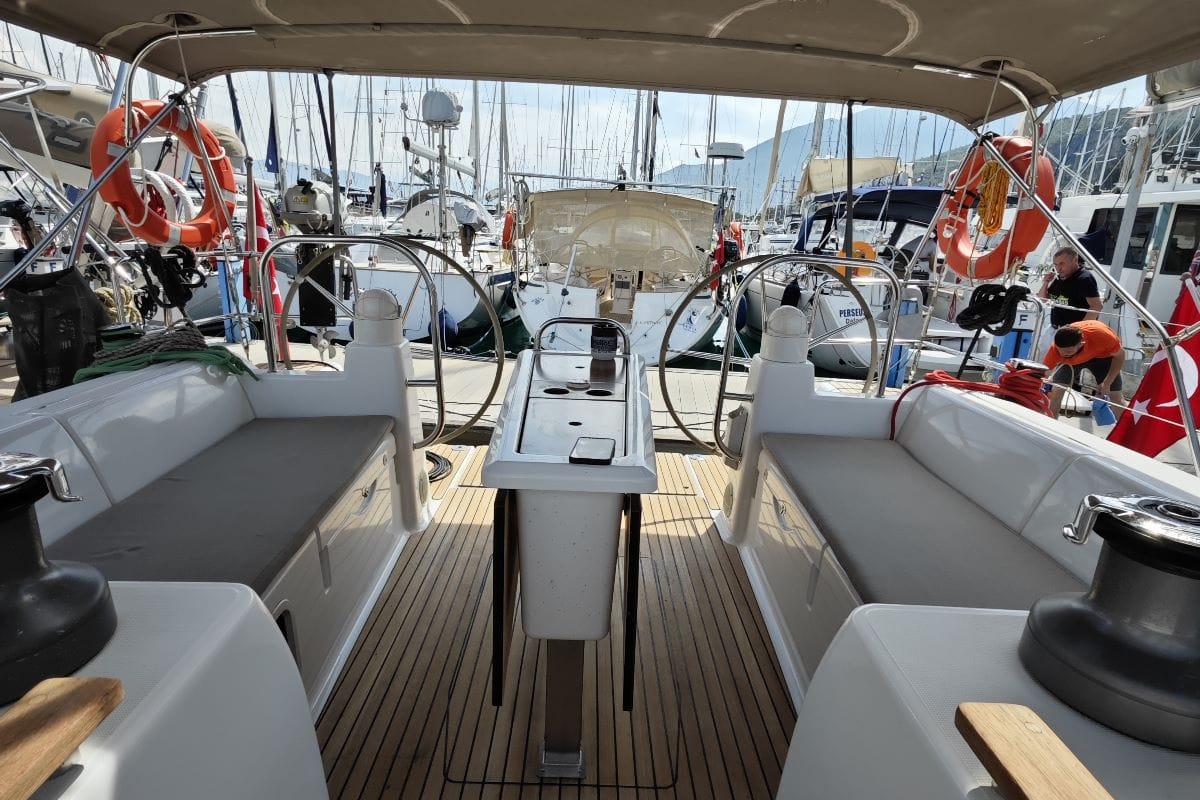 Cockpit of Grace, a Dufour 450 GL sailboat at Fethiye, Turkey