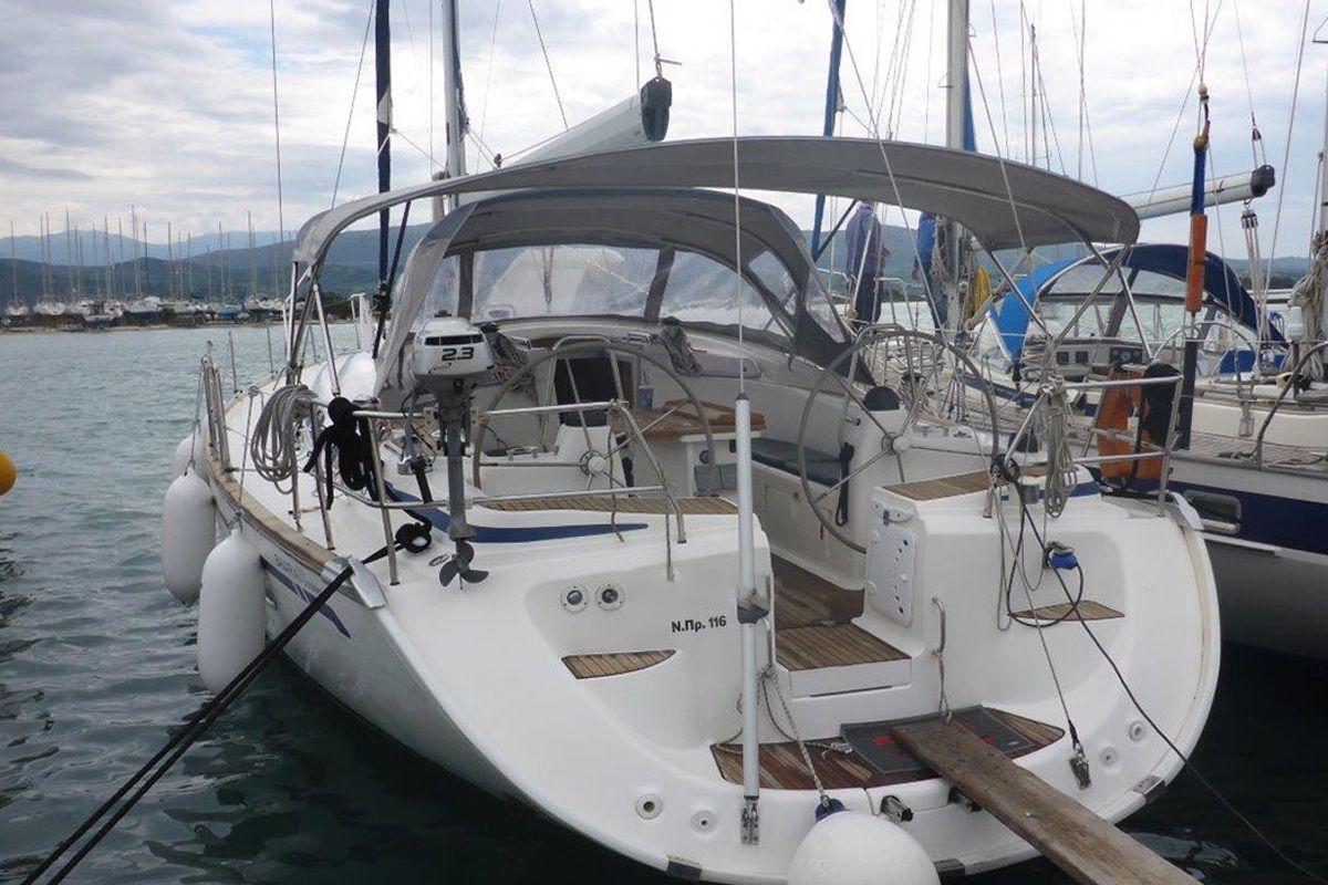 Exterior view of Lollipop, a Bavaria 50 sailboat at Municipal Unit of Lefkada, Greece