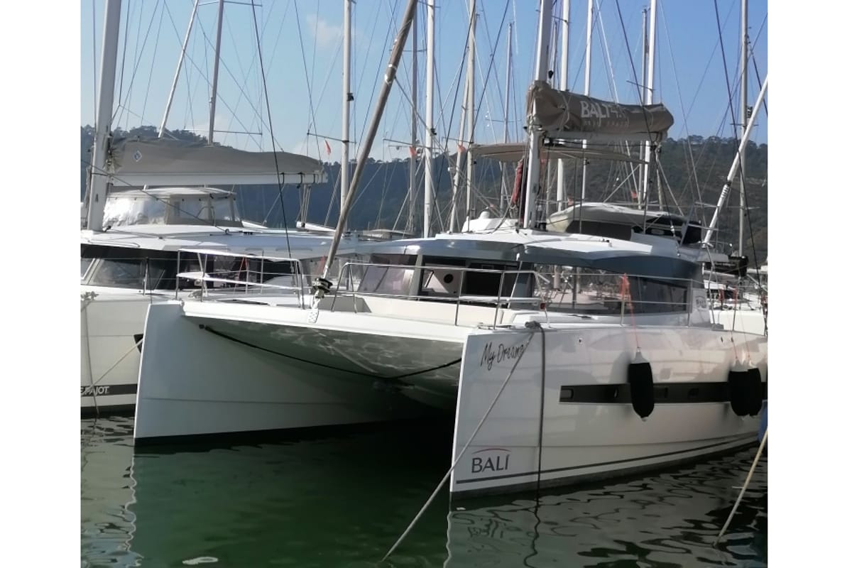 Exterior view of My Dreams, a Bali 4.1 catamaran at Fethiye, Turkey