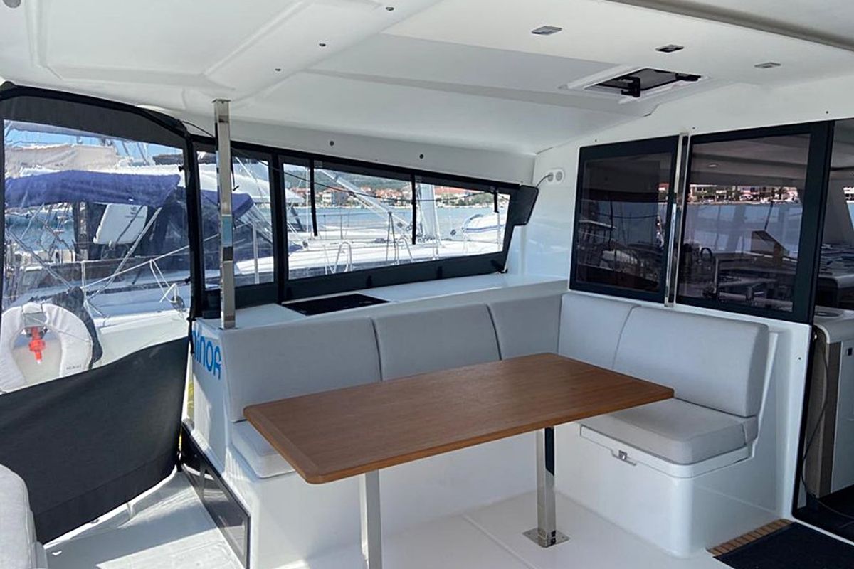 Cockpit of Ninoa, a Fountaine Pajot Isla 40 catamaran at Općina Rogoznica, Croatia