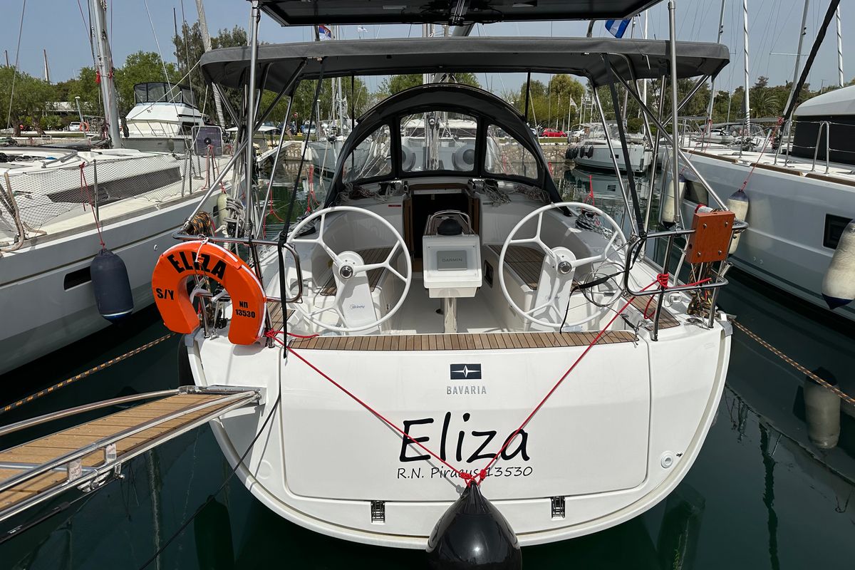 Exterior view of Eliza, a Bavaria Cruiser 34 sailboat at Athens, Greece