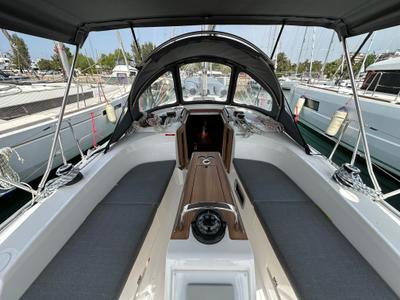 Cockpit of Eliza, a Bavaria Cruiser 34 sailboat at Athens, Greece