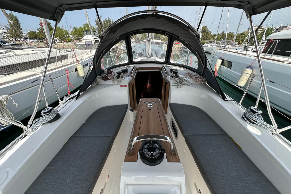 Cockpit of Eliza, a Bavaria Cruiser 34 sailboat at Athens, Greece