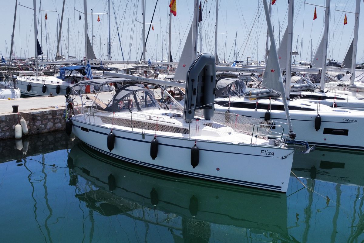 Exterior view of Eliza, a Bavaria Cruiser 34 sailboat at Athens, Greece