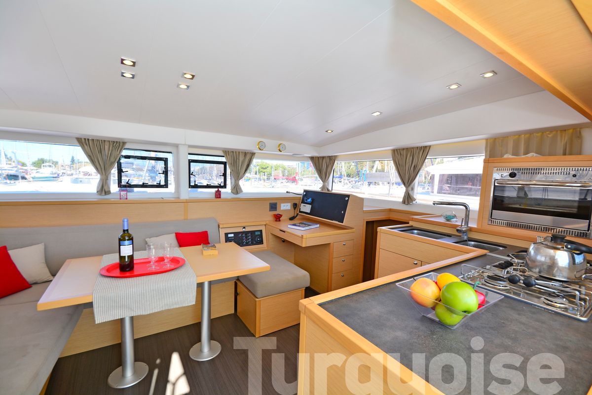 Salon of Turquoise, a Lagoon 400 S2 catamaran at Lavreotiki Municipal Unit, Greece