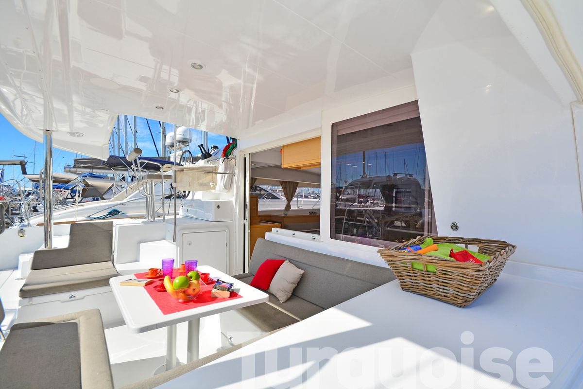Deck of Turquoise, a Lagoon 400 S2 catamaran at Lavreotiki Municipal Unit, Greece