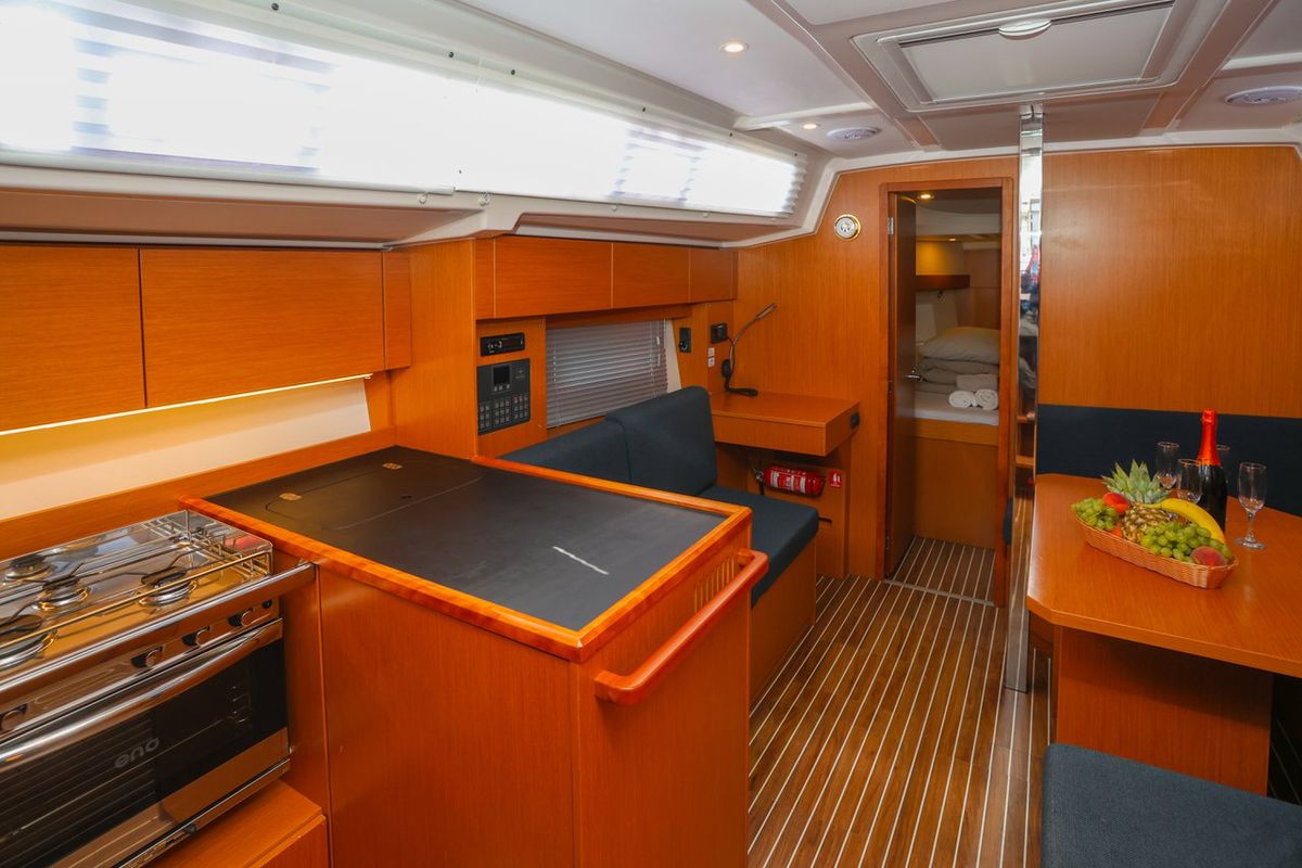 Galley of Sobra, a Bavaria C38 sailboat at Grad Kaštela, Croatia