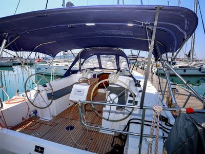 Cockpit of Sobra, a Bavaria C38 sailboat at Grad Kaštela, Croatia