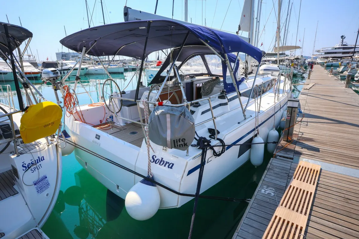 Exterior view of Sobra, a Bavaria C38 sailboat at Grad Kaštela, Croatia