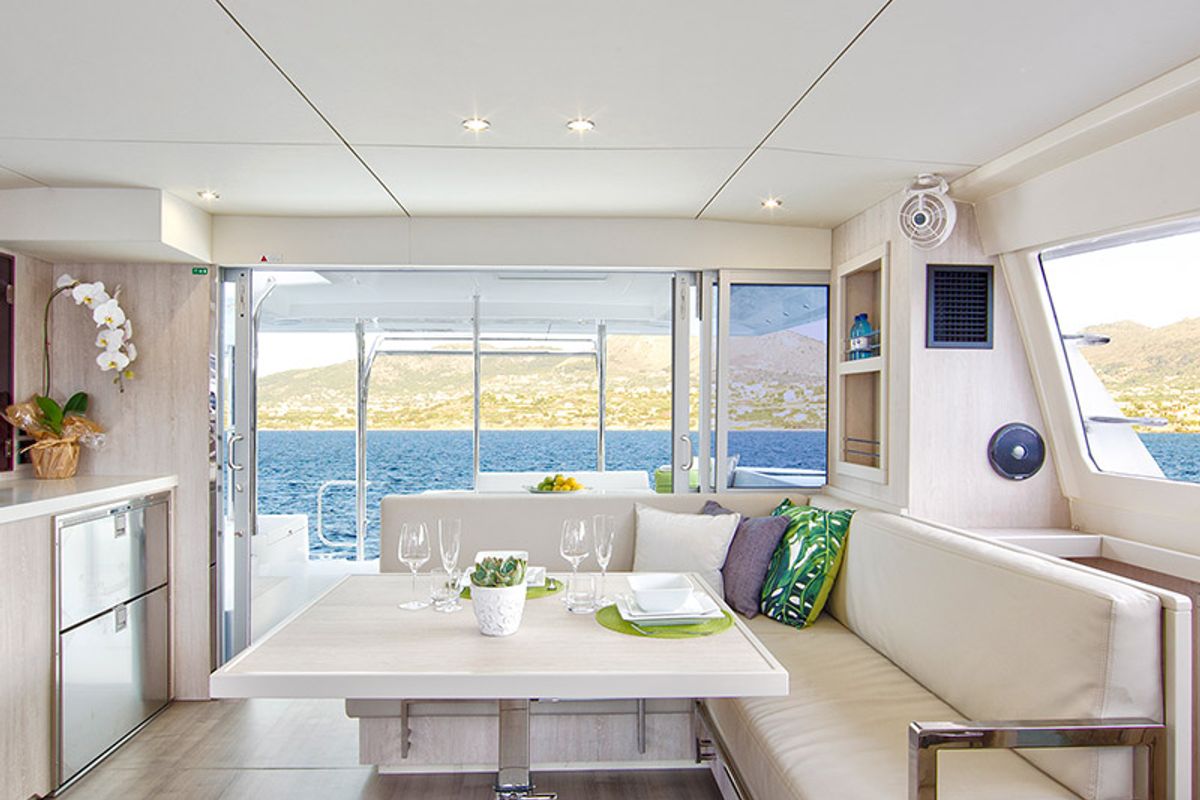 Salon of Moorings 4000/3 Club, a Leopard 40 catamaran at Općina Marina, Croatia