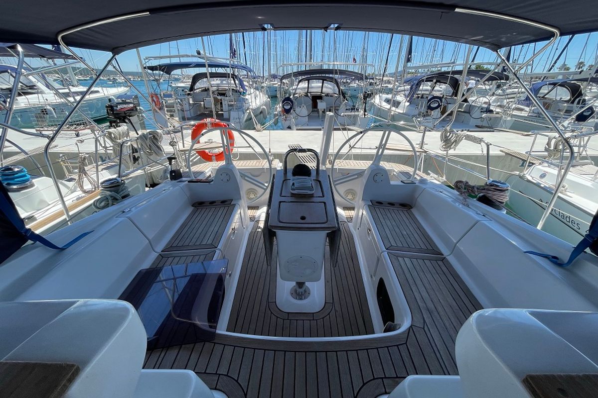 Cockpit of Sagitta, a Elan 444 Impression sailboat at Općina Sukošan, Croatia