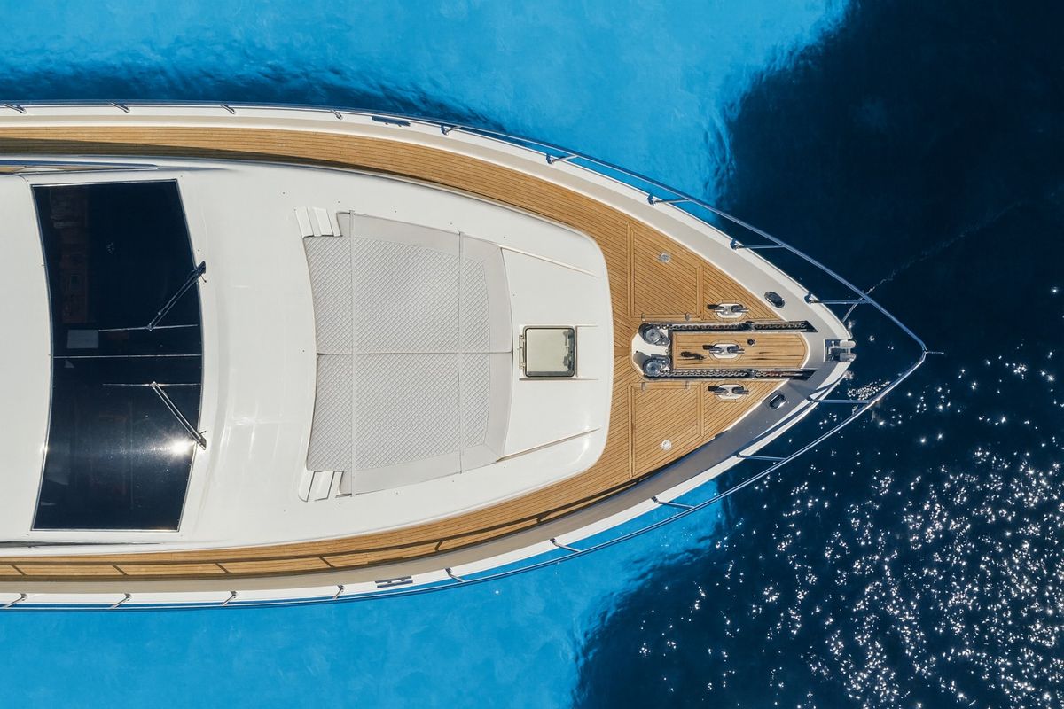 Deck of SIMPLY BRILLIANT, a Ferretti 68 yacht at Ornos, Greece