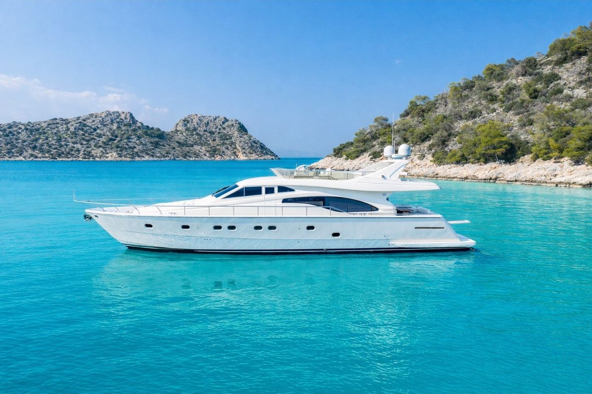 Exterior view of SIMPLY BRILLIANT, a Ferretti 68 yacht at Ornos, Greece