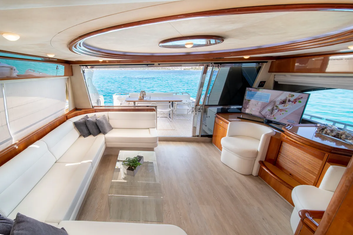 Salon of SIMPLY BRILLIANT, a Ferretti 68 yacht at Ornos, Greece