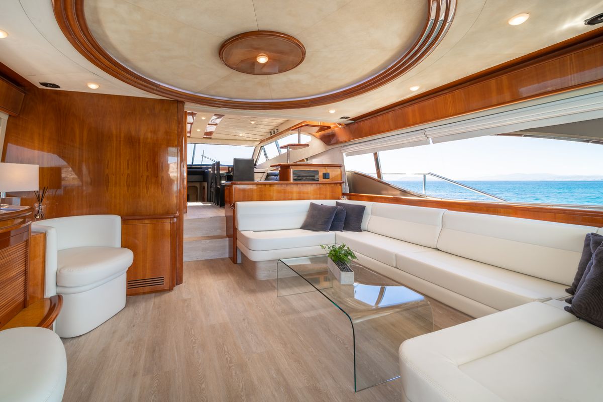 Salon of SIMPLY BRILLIANT, a Ferretti 68 yacht at Ornos, Greece