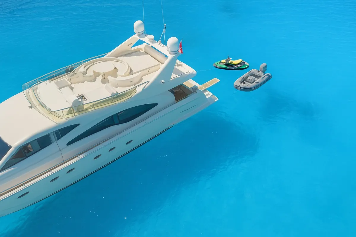 Exterior view of SIMPLY BRILLIANT, a Ferretti 68 yacht at Ornos, Greece
