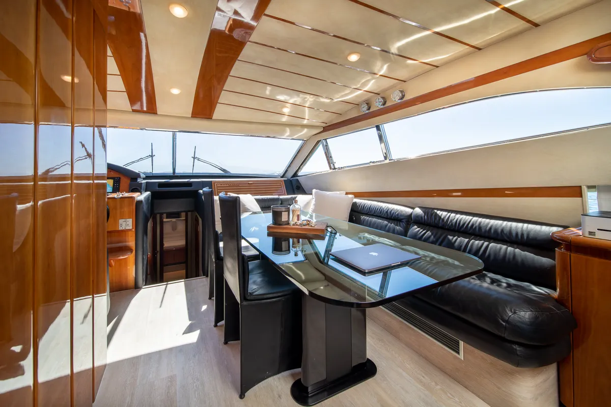 Salon of SIMPLY BRILLIANT, a Ferretti 68 yacht at Ornos, Greece