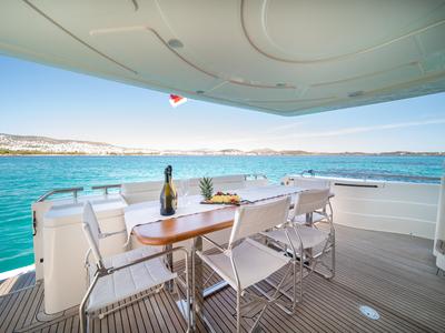 Deck of SIMPLY BRILLIANT, a Ferretti 68 yacht at Ornos, Greece