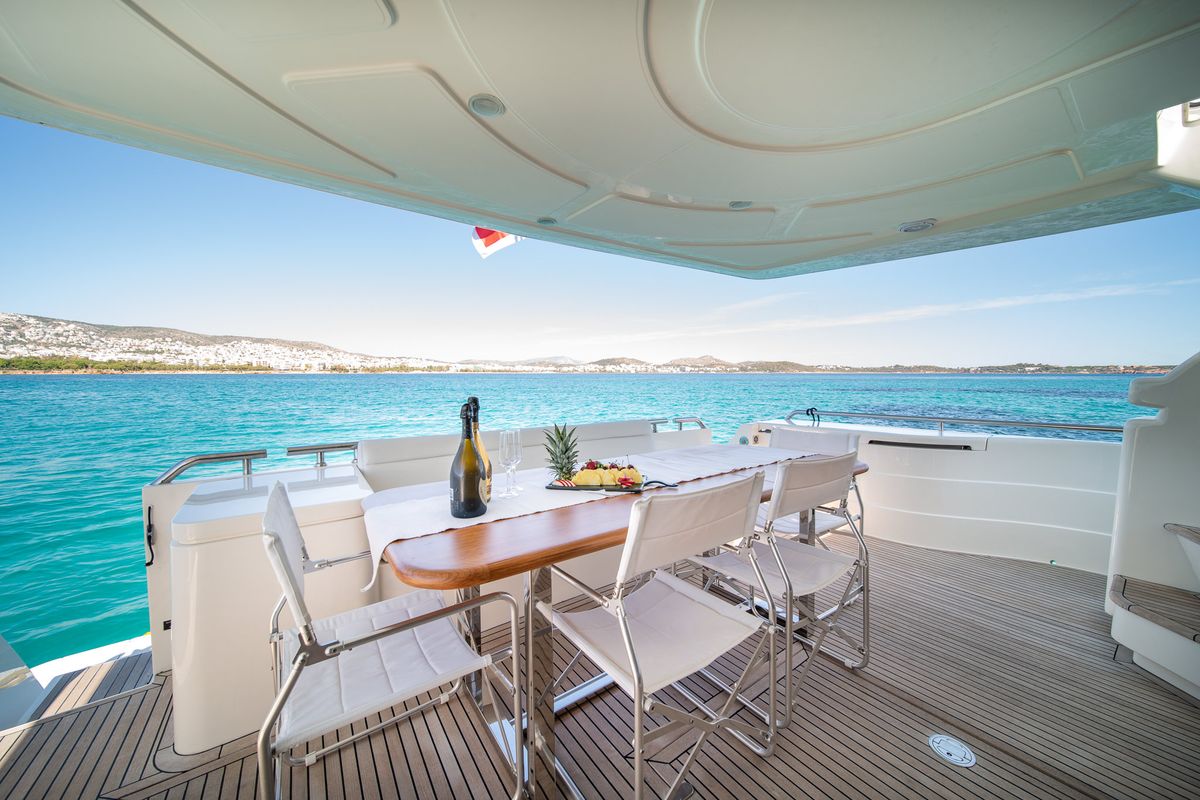 Deck of SIMPLY BRILLIANT, a Ferretti 68 yacht at Ornos, Greece