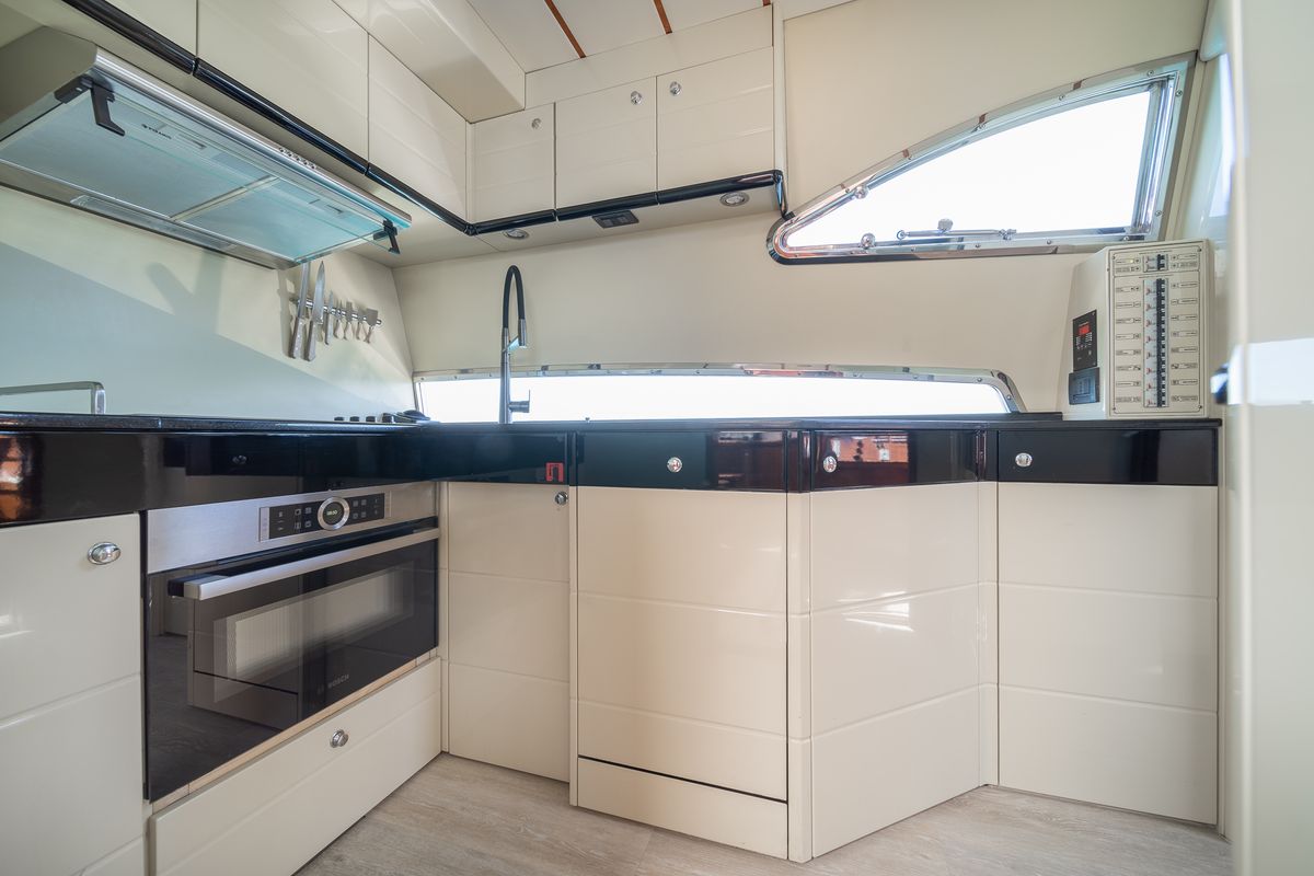Galley of SIMPLY BRILLIANT, a Ferretti 68 yacht at Ornos, Greece