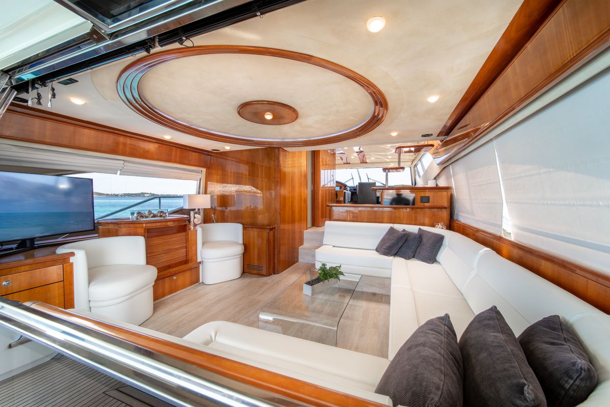 Salon of SIMPLY BRILLIANT, a Ferretti 68 yacht at Ornos, Greece