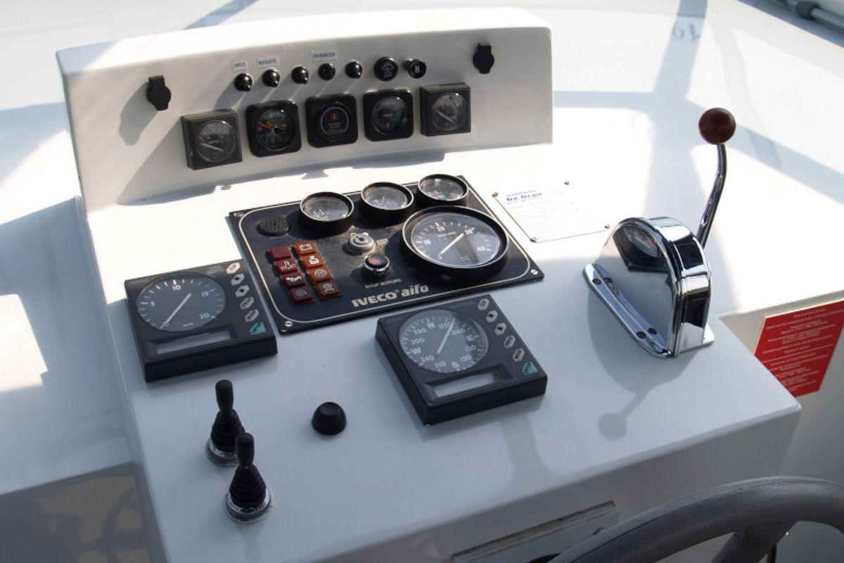 Cockpit of Drait 19, a De Drait Renal 50 motorboat at Drachten, Netherlands