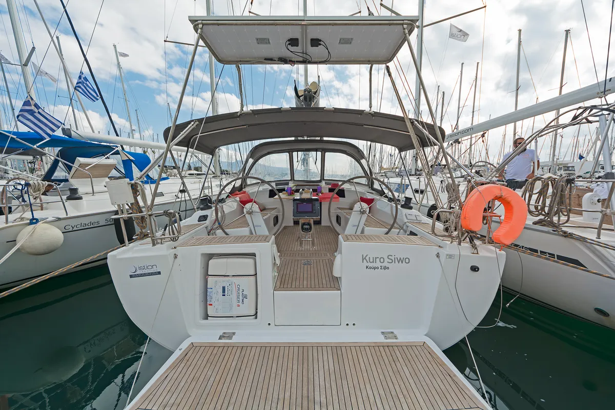 Deck of Kuro Siwo, a Hanse Yachts Hanse 415 sailboat at Municipal Unit of Rhodes, Greece