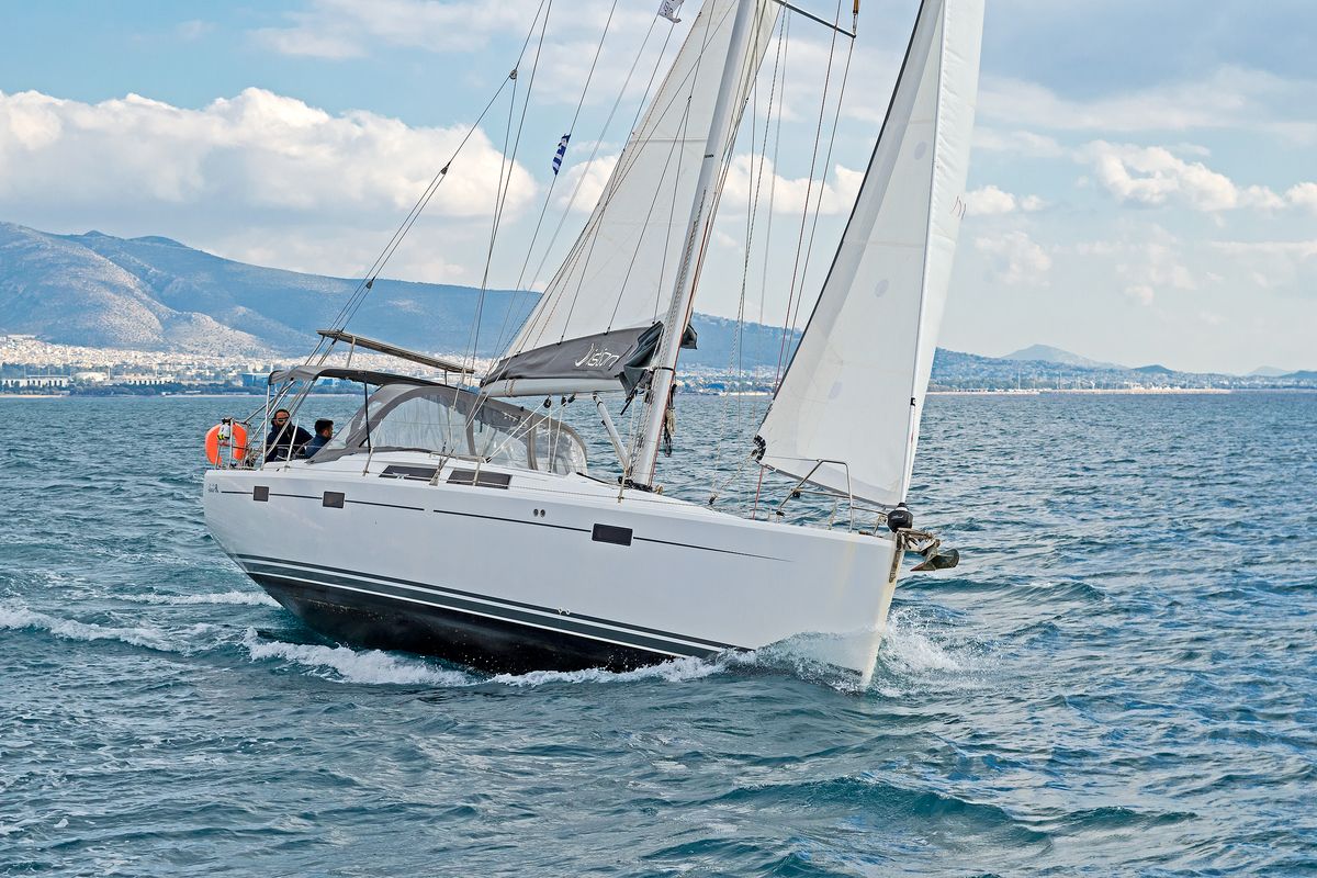 Exterior view of Kuro Siwo, a Hanse Yachts Hanse 415 sailboat at Municipal Unit of Rhodes, Greece