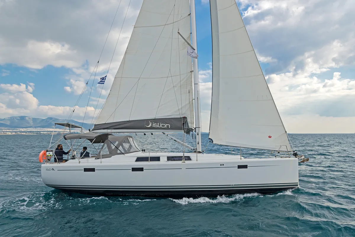 Exterior view of Kuro Siwo, a Hanse Yachts Hanse 415 sailboat at Municipal Unit of Rhodes, Greece