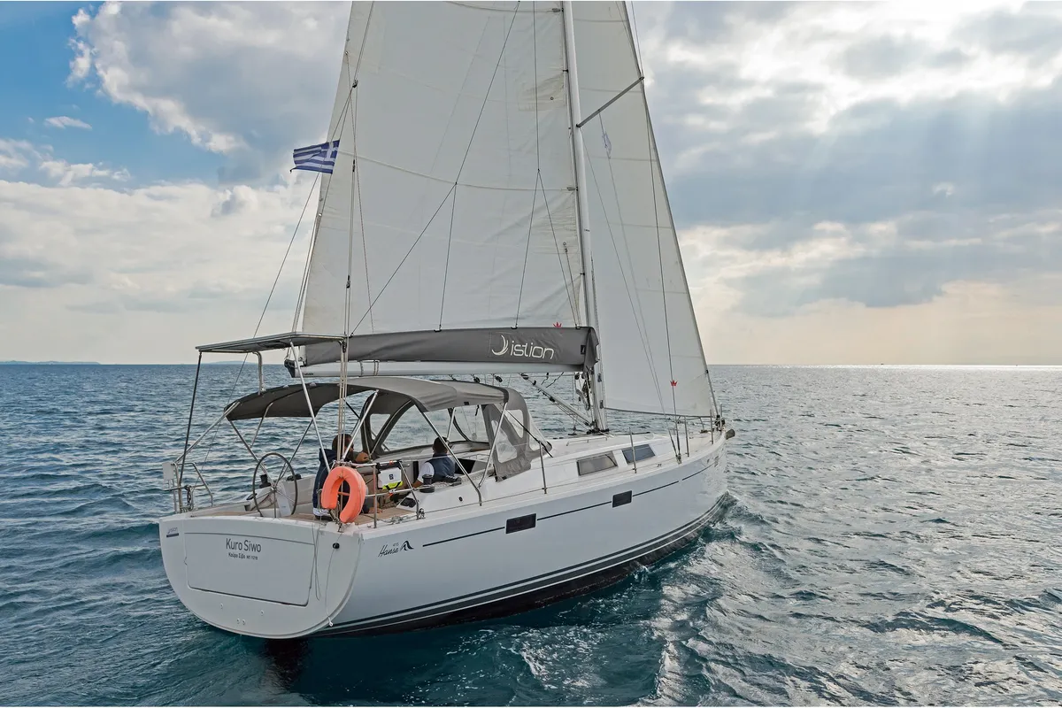 Exterior view of Kuro Siwo, a Hanse Yachts Hanse 415 sailboat at Municipal Unit of Rhodes, Greece