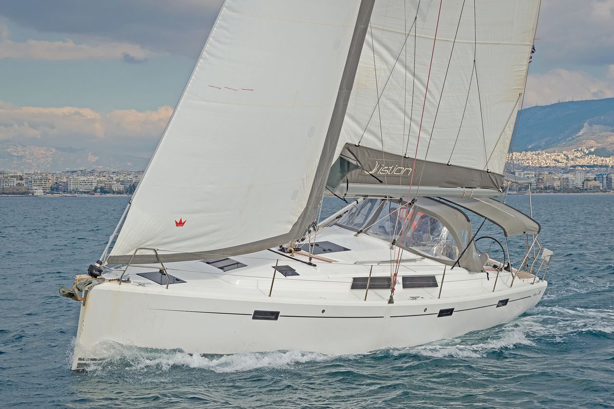 Exterior view of Kuro Siwo, a Hanse Yachts Hanse 415 sailboat at Municipal Unit of Rhodes, Greece