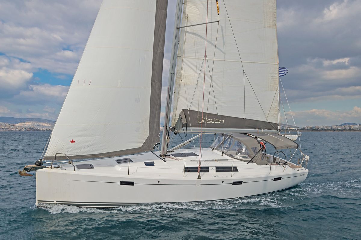 Exterior view of Kuro Siwo, a Hanse Yachts Hanse 415 sailboat at Municipal Unit of Rhodes, Greece