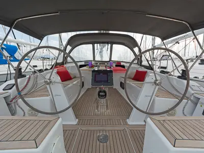 Cockpit of Kuro Siwo, a Hanse Yachts Hanse 415 sailboat at Municipal Unit of Rhodes, Greece
