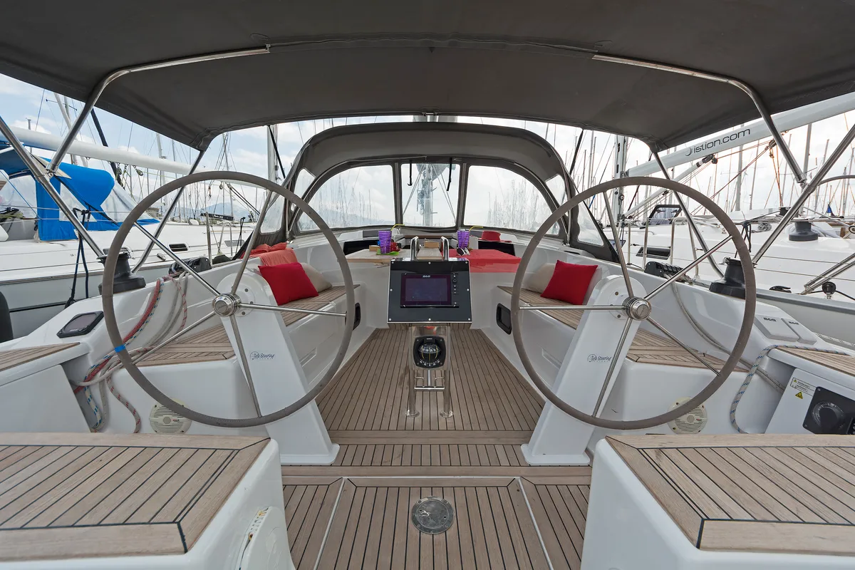 Cockpit of Kuro Siwo, a Hanse Yachts Hanse 415 sailboat at Municipal Unit of Rhodes, Greece