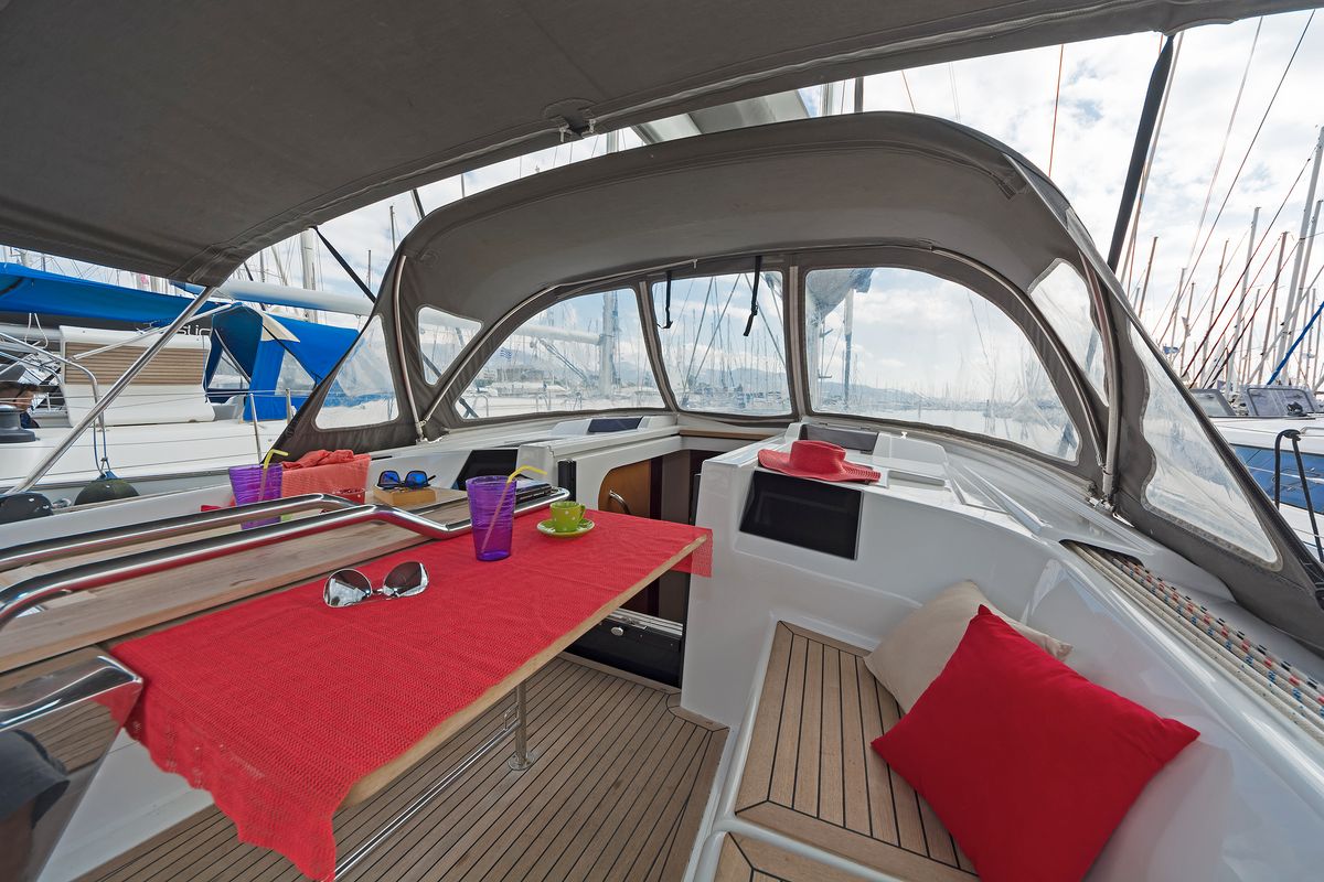 Deck of Kuro Siwo, a Hanse Yachts Hanse 415 sailboat at Municipal Unit of Rhodes, Greece
