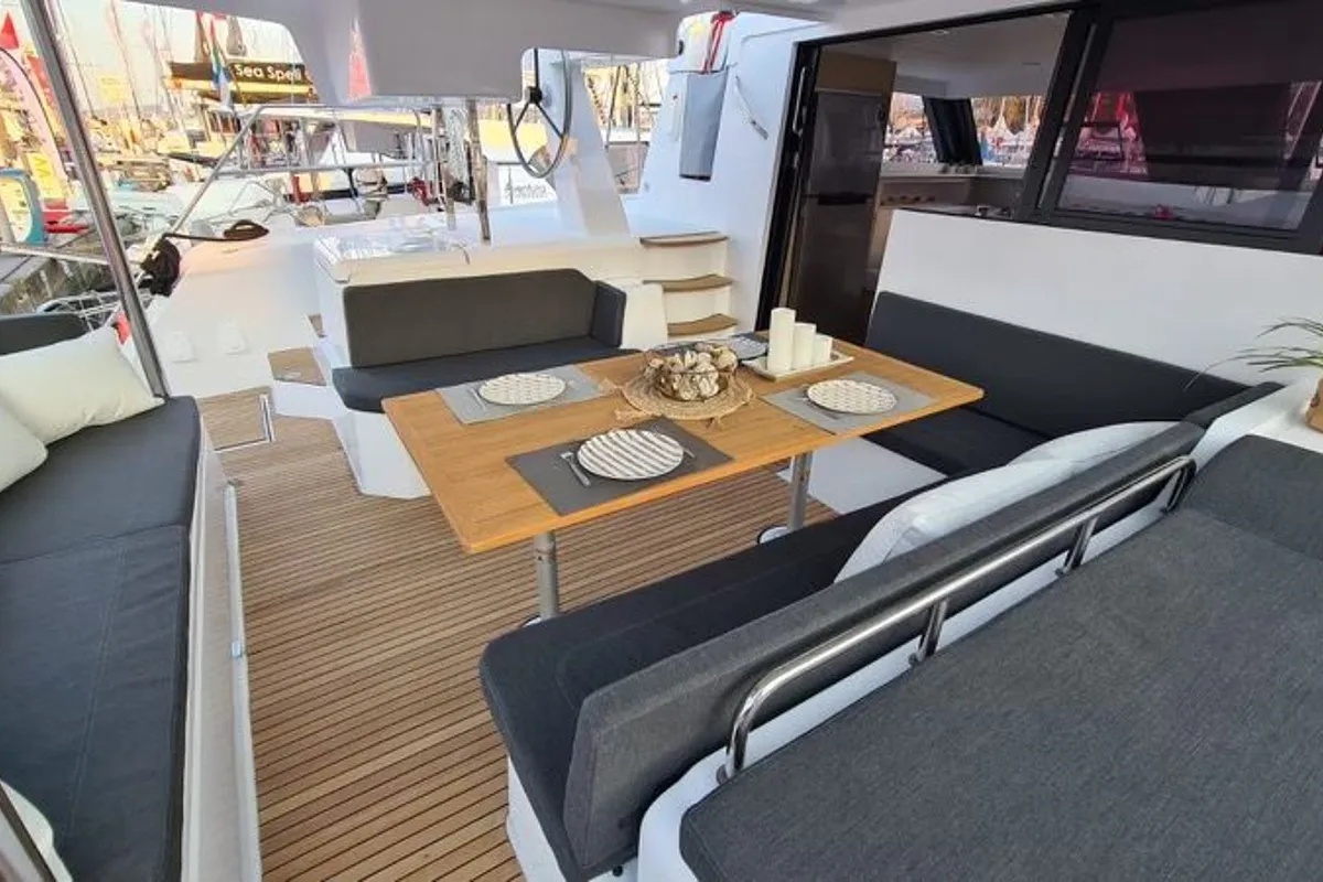 Deck of Manalua, a Aventura Catamarans Aventura 37 catamaran at Valencia, Spain
