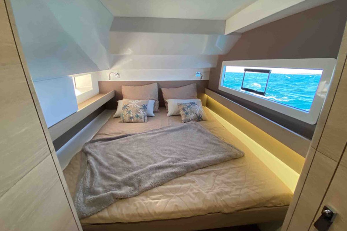 Cabin on Manalua, a Aventura Catamarans Aventura 37 catamaran at Valencia, Spain