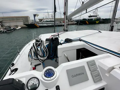 Cockpit of Manalua, a Aventura Catamarans Aventura 37 catamaran at Valencia, Spain