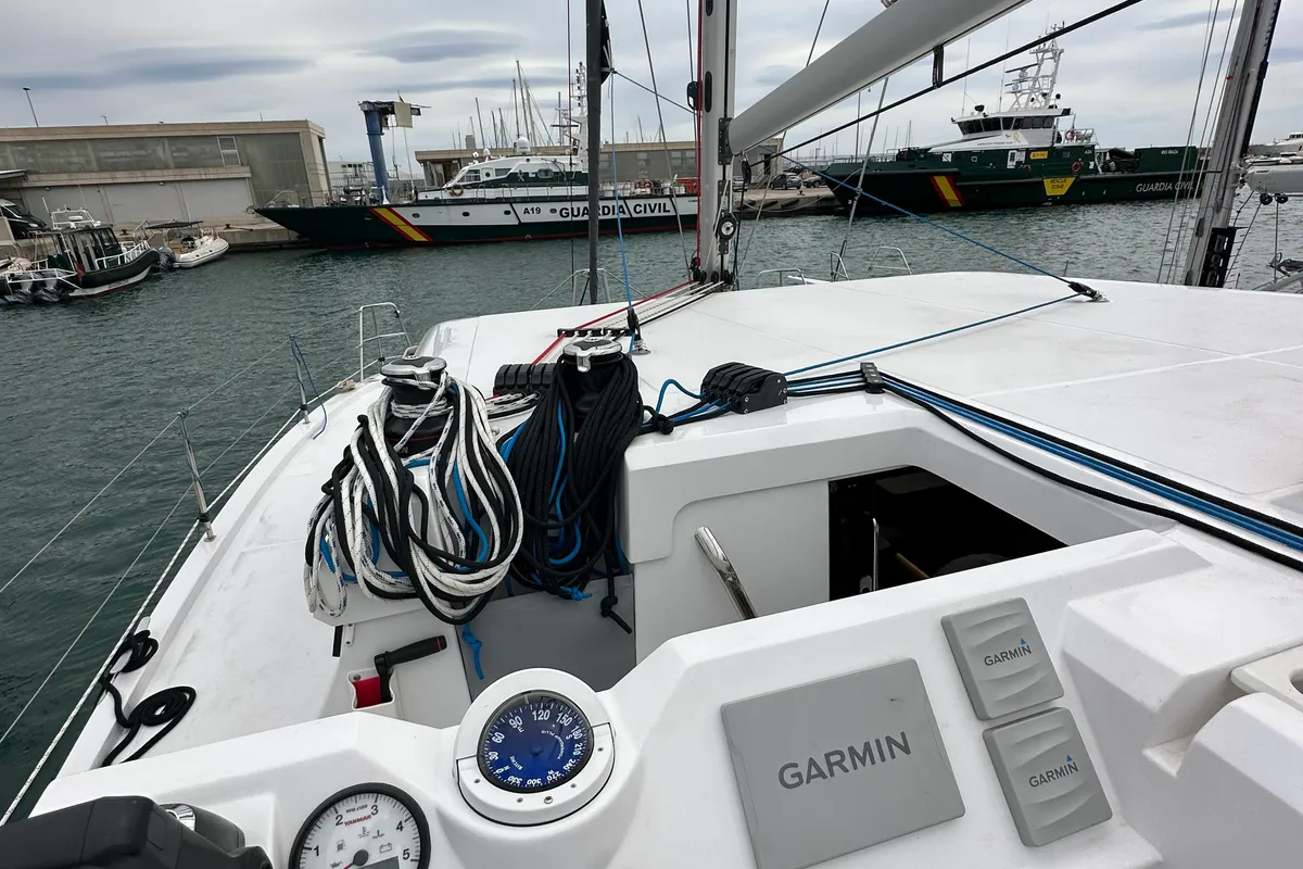 Cockpit of Manalua, a Aventura Catamarans Aventura 37 catamaran at Valencia, Spain
